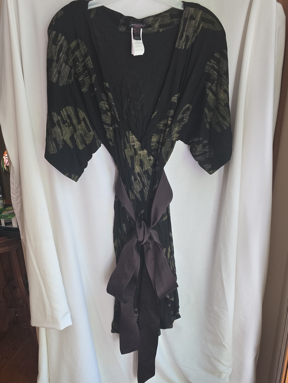 Mango Kimono Dress with Olive Brushstroke Accents and Wide Tie